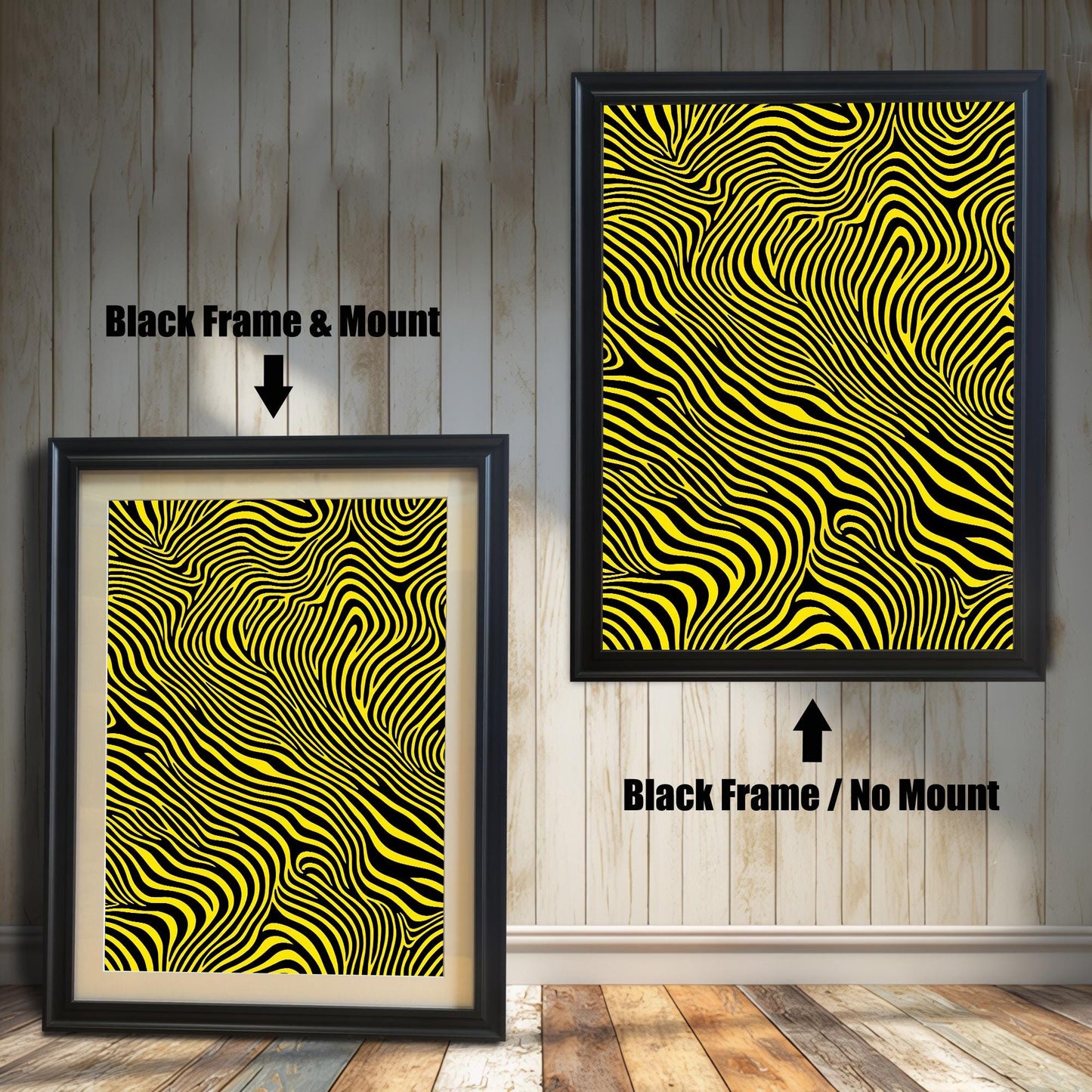 An abstract art print with wavy yellow and black stripes shown in a Black wood frame. The smaller image (left) includes a mount (mat), and the larger image (right) is framed without a mount.