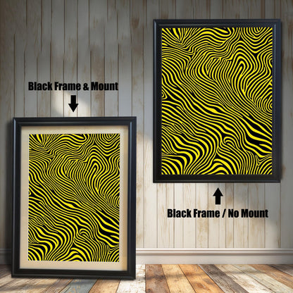 An abstract art print with wavy yellow and black stripes shown in a Black wood frame. The smaller image (left) includes a mount (mat), and the larger image (right) is framed without a mount.
