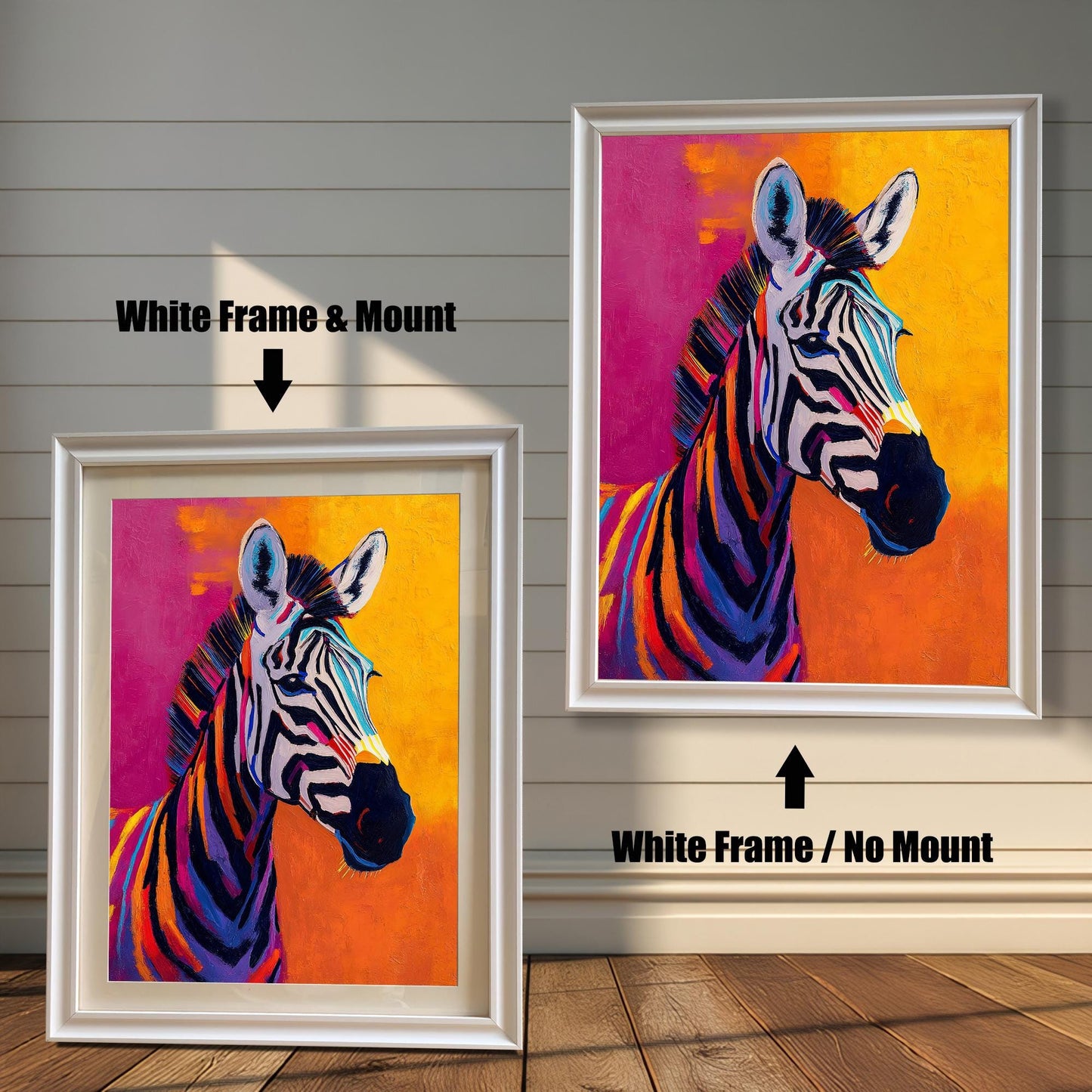 A modern, colorful painting of a zebra with a bright magenta and orange background, shown in two variations with a White wood frame. The smaller image (left) includes a mount (mat), and the larger image (right) is framed without a mount.