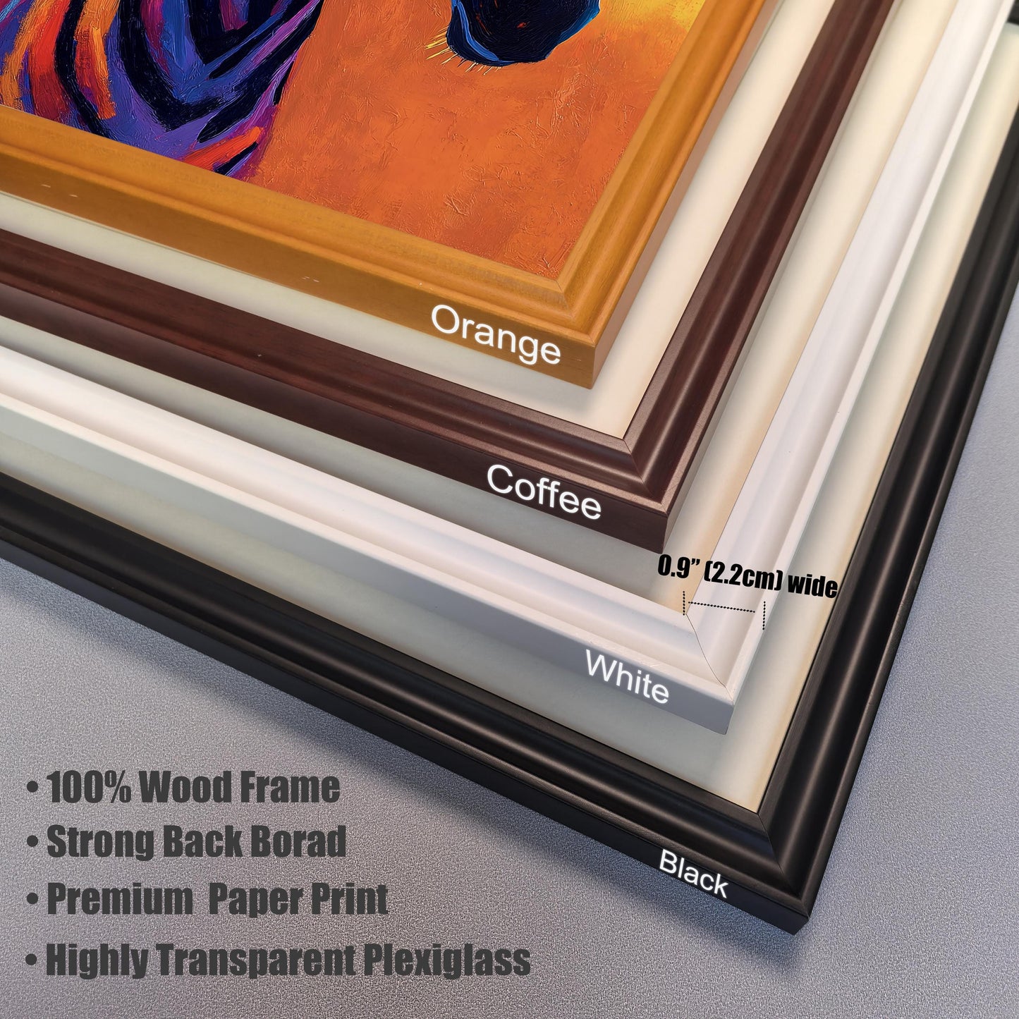 A close-up, stacked view of four different frame color corners: Orange, Coffee, White, and Black. The frame width is labeled as 0.9 ′′ (2.2cm) wide. Text lists frame features: 100% Wood Frame, Strong Back Board, Premium Paper Print, and Highly Transparent Plexiglass.