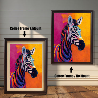 A modern, colorful painting of a zebra with a bright magenta and orange background, shown in two variations with a Coffee (dark brown) wood frame. The smaller image (left) includes a mount (mat), and the larger image (right) is framed without a mount.