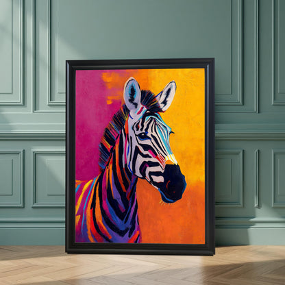 The colorful zebra print framed in a black frame (no mount), leaning on a light hardwood floor against a decorative dark green paneled wall.