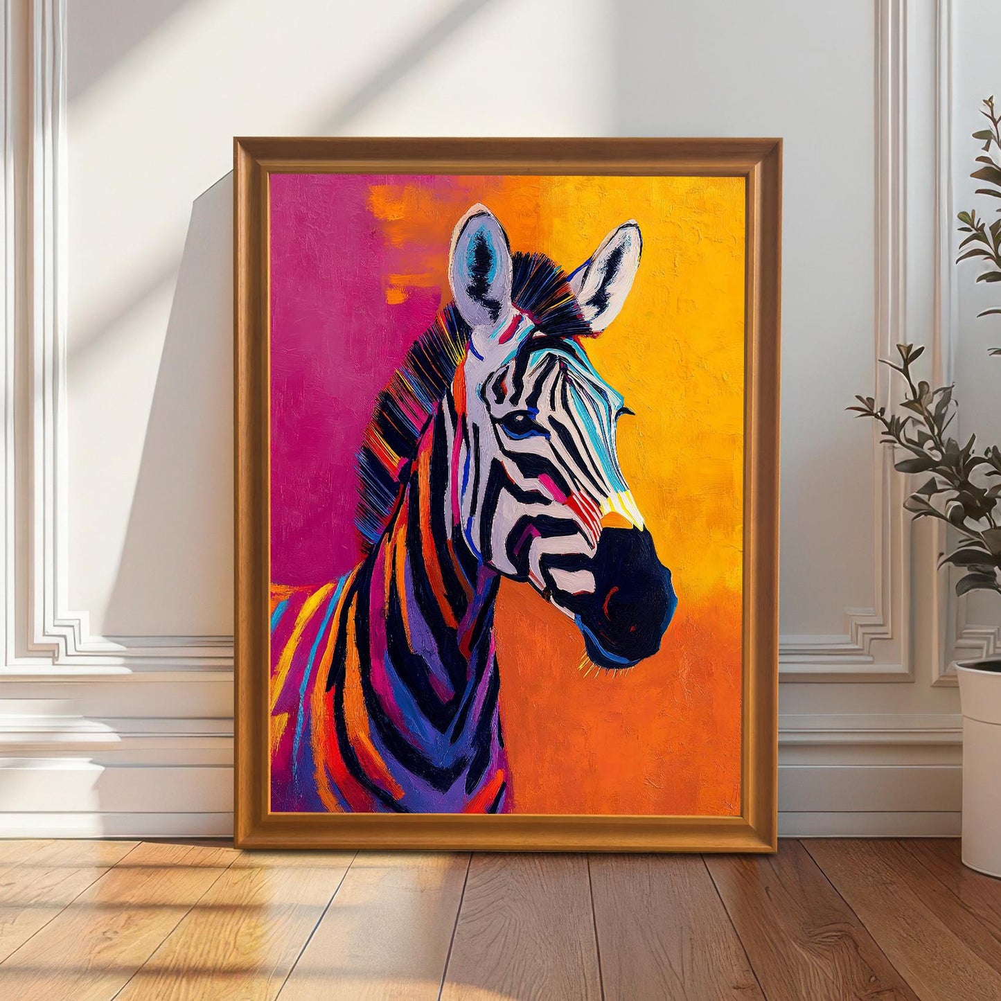 The framed colorful zebra print (in an orange frame, no mount) leaning on a hardwood floor against a white paneled wall with a houseplant to the side. Sunlight streams across the floor.