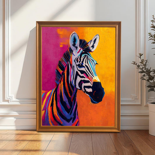 The framed colorful zebra print (in an orange frame, no mount) leaning on a hardwood floor against a white paneled wall with a houseplant to the side. Sunlight streams across the floor.