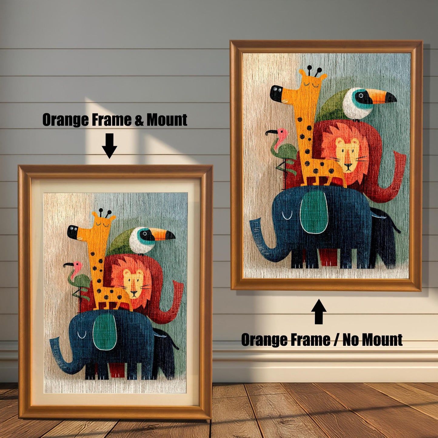 Two orange-framed art prints of the stacked cartoon animals. The image on the left shows the art with a mount (matting). The image on the right shows the art in an orange frame with no mount. Text indicates the difference.