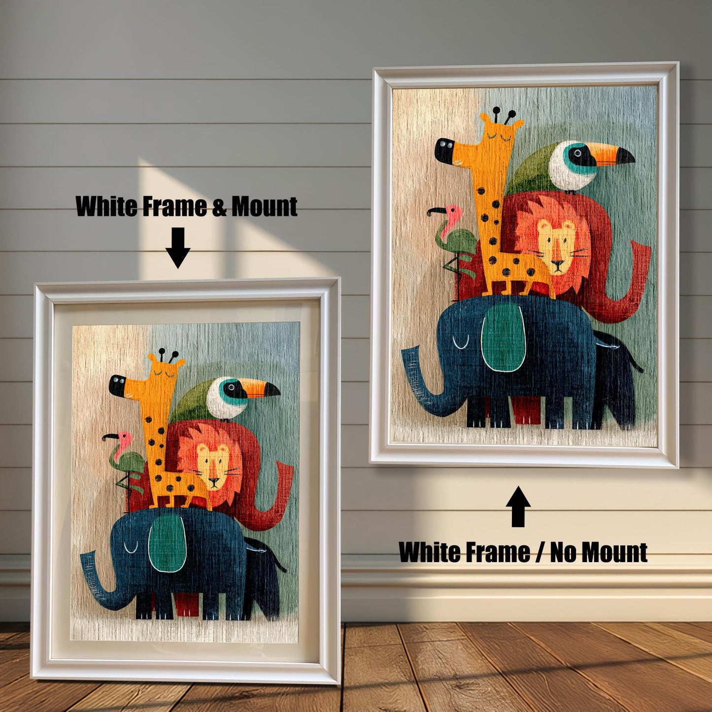 Two white-framed art prints of the stacked cartoon animals. The image on the left shows the art with a white mount. The image on the right shows the art in a white frame with no mount. Text indicates the difference.