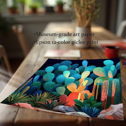 A close-up view of the unframed, abstract cacti art print lying on a wooden table, emphasizing the texture and print quality. Text describes it as Museum-grade art paper and an Epson 12-color giclee print.