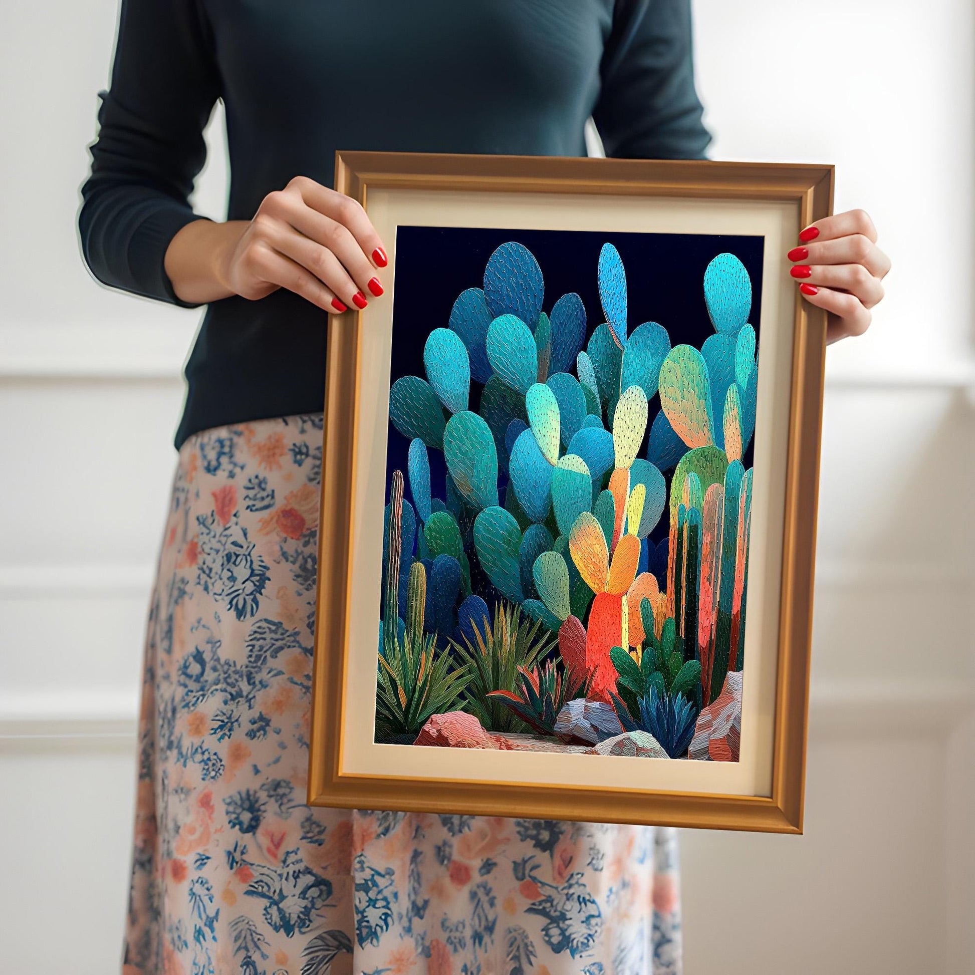 A person wearing a dark top and floral skirt holds a medium-sized, orange-gold framed art print of colorful, glowing cacti against a dark background, with a light-colored mount.