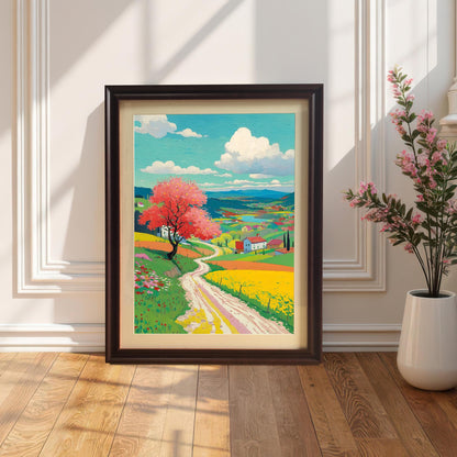 A framed, colorful landscape print with a dark brown (Coffee) frame and a mount, leaning against a white wainscoting wall, next to a tall white vase with pink flowers.