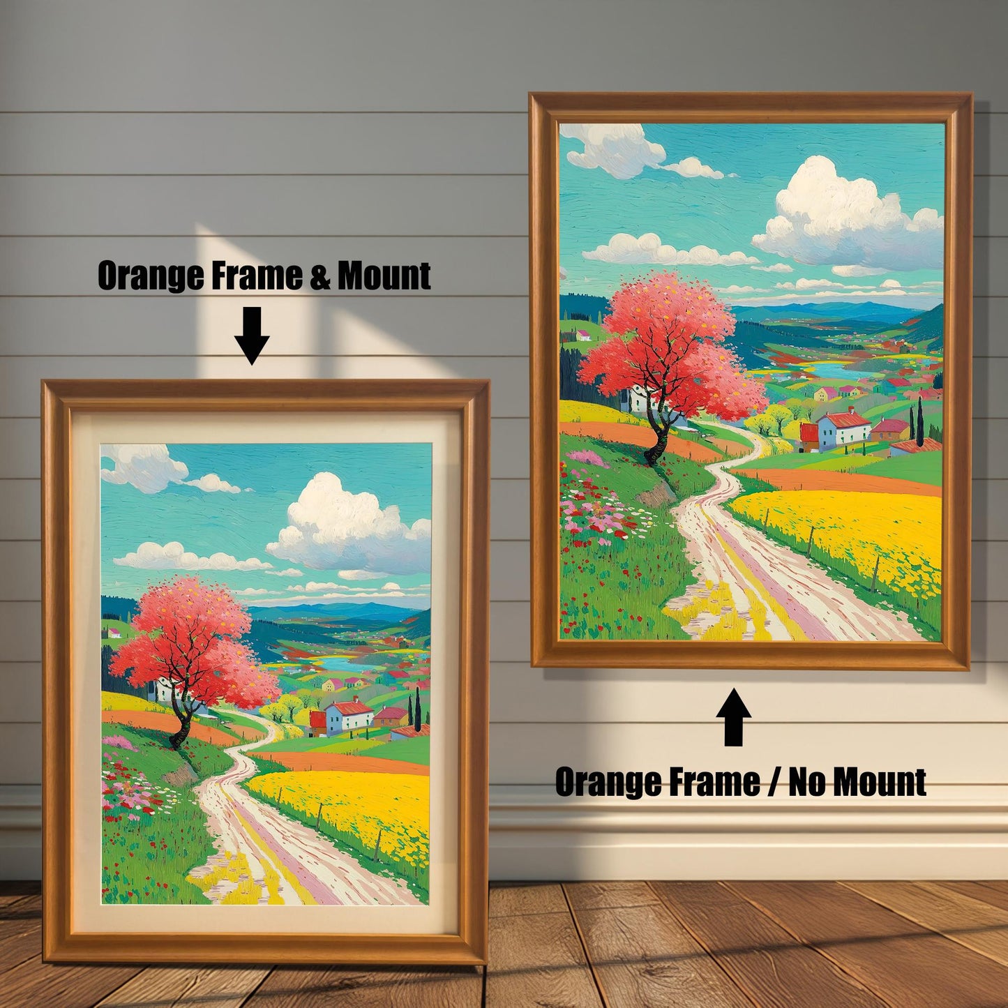 Two orange-framed art prints of a colorful spring landscape. The image on the left shows the art with a mount. The image on the right shows the art in an orange frame with no mount. Text indicates the difference.