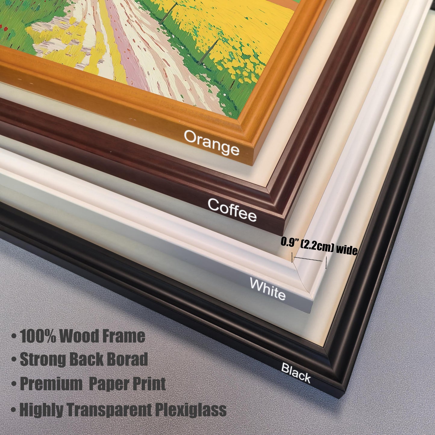 A close-up, stacked view of four corner samples for the frame color options: Orange, Coffee (dark brown), White, and Black. Text notes the frame is 0.9" (2.2cm) wide and includes features like 100% Wood Frame and Highly Transparent Plexiglass.