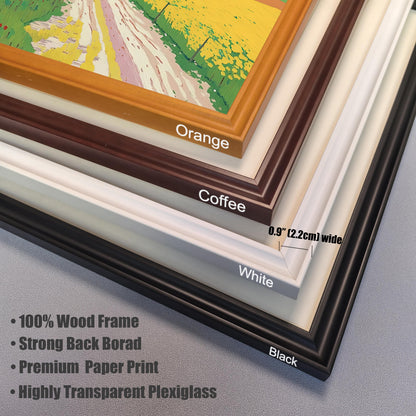 A close-up, stacked view of four corner samples for the frame color options: Orange, Coffee (dark brown), White, and Black. Text notes the frame is 0.9" (2.2cm) wide and includes features like 100% Wood Frame and Highly Transparent Plexiglass.