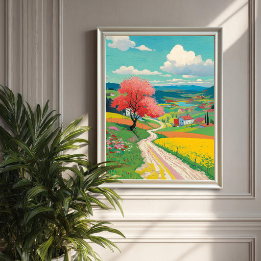 A large, white-framed, vertical art print of a colorful spring landscape hanging on a light gray wainscoting wall, with a large potted plant in the foreground.
