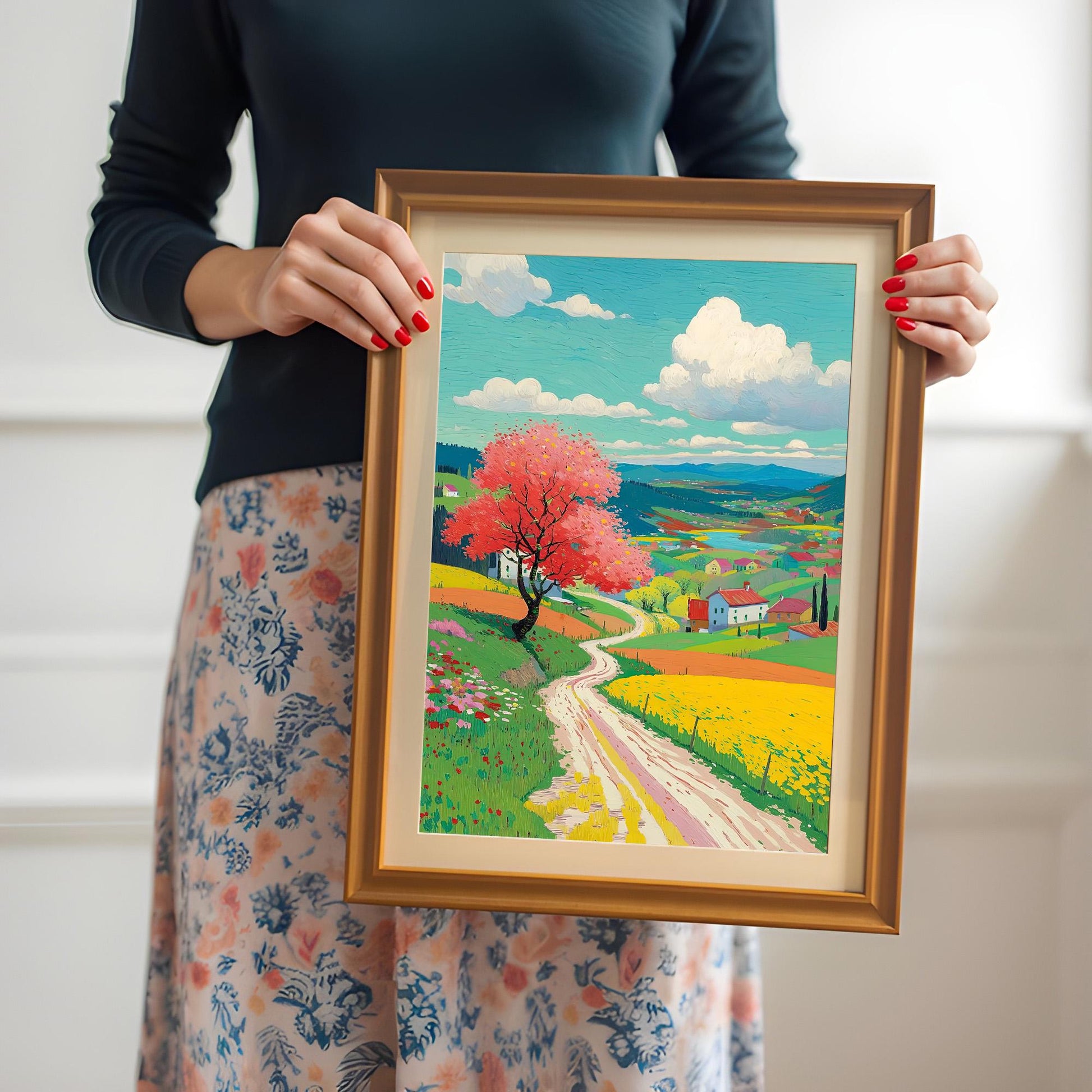 A person wearing a dark top and floral skirt holds a medium-sized, orange-gold framed art print of a vibrant spring landscape with a pink tree and yellow fields. The frame includes a light-colored mount.