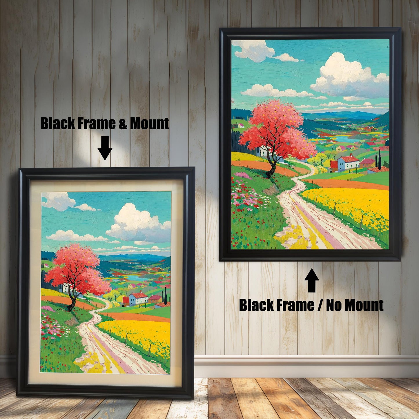 Two black-framed art prints of a colorful spring landscape. The image on the left shows the art with a mount (matting). The image on the right shows the art in a black frame with no mount. Text indicates the difference.