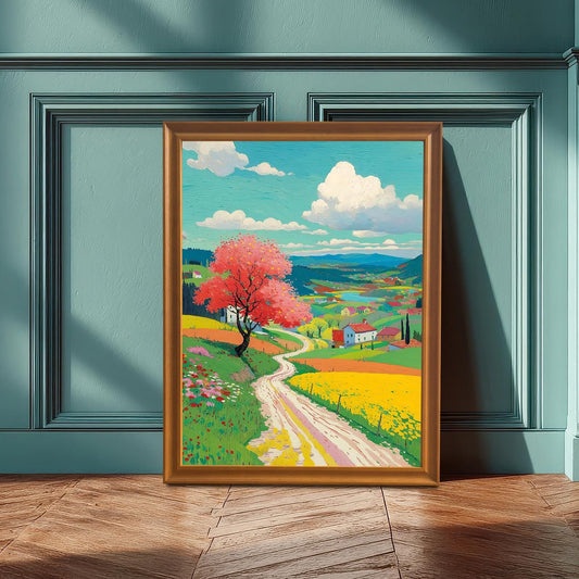 A framed, colorful spring landscape print leaning against a teal wainscoting wall, with sunlight casting shadows on the floor and wall. The frame is a warm, orange-gold wood.