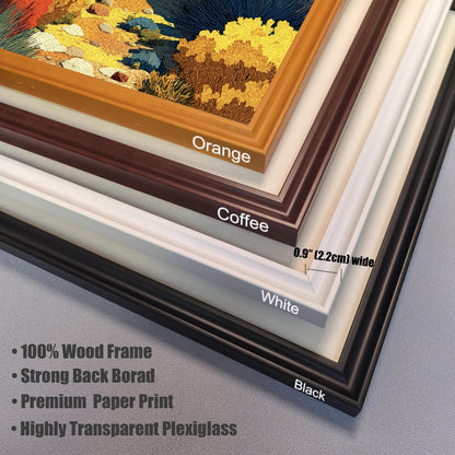A close-up, stacked view of four corner samples for the frame color options: Orange, Coffee (dark brown), White, and Black. Text notes the frame is 0.9" (2.2cm) wide and includes features like 100% Wood Frame and Premium Paper Print.