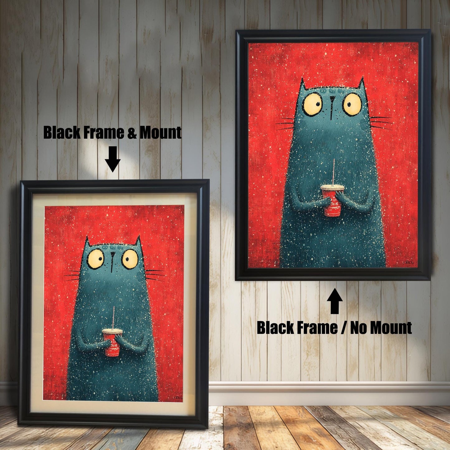 A split image showing the cat print. On the left, the print is displayed in a Black Frame & Mount (with a light border around the print). On the right, the print is shown in a Black Frame / No Mount.