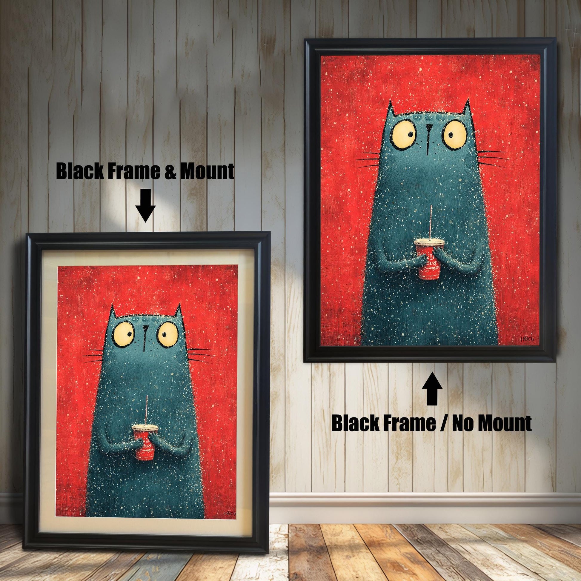 A split image showing the cat print. On the left, the print is displayed in a Black Frame & Mount (with a light border around the print). On the right, the print is shown in a Black Frame / No Mount.