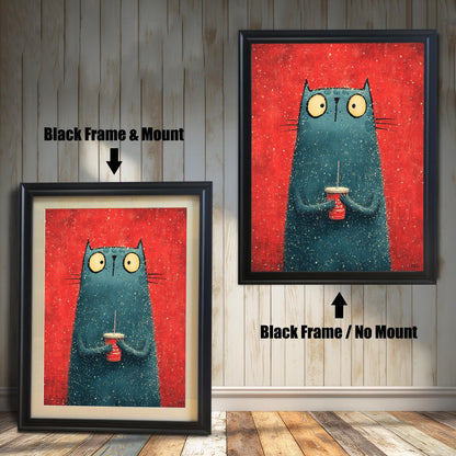 A split image showing the cat print. On the left, the print is displayed in a Black Frame & Mount (with a light border around the print). On the right, the print is shown in a Black Frame / No Mount.