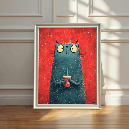 A framed art print featuring a stylized, fuzzy, blue-green cat holding a red cup against a red background. The print is in a White Frame and is leaning on a hardwood floor against a white, wainscoted wall.