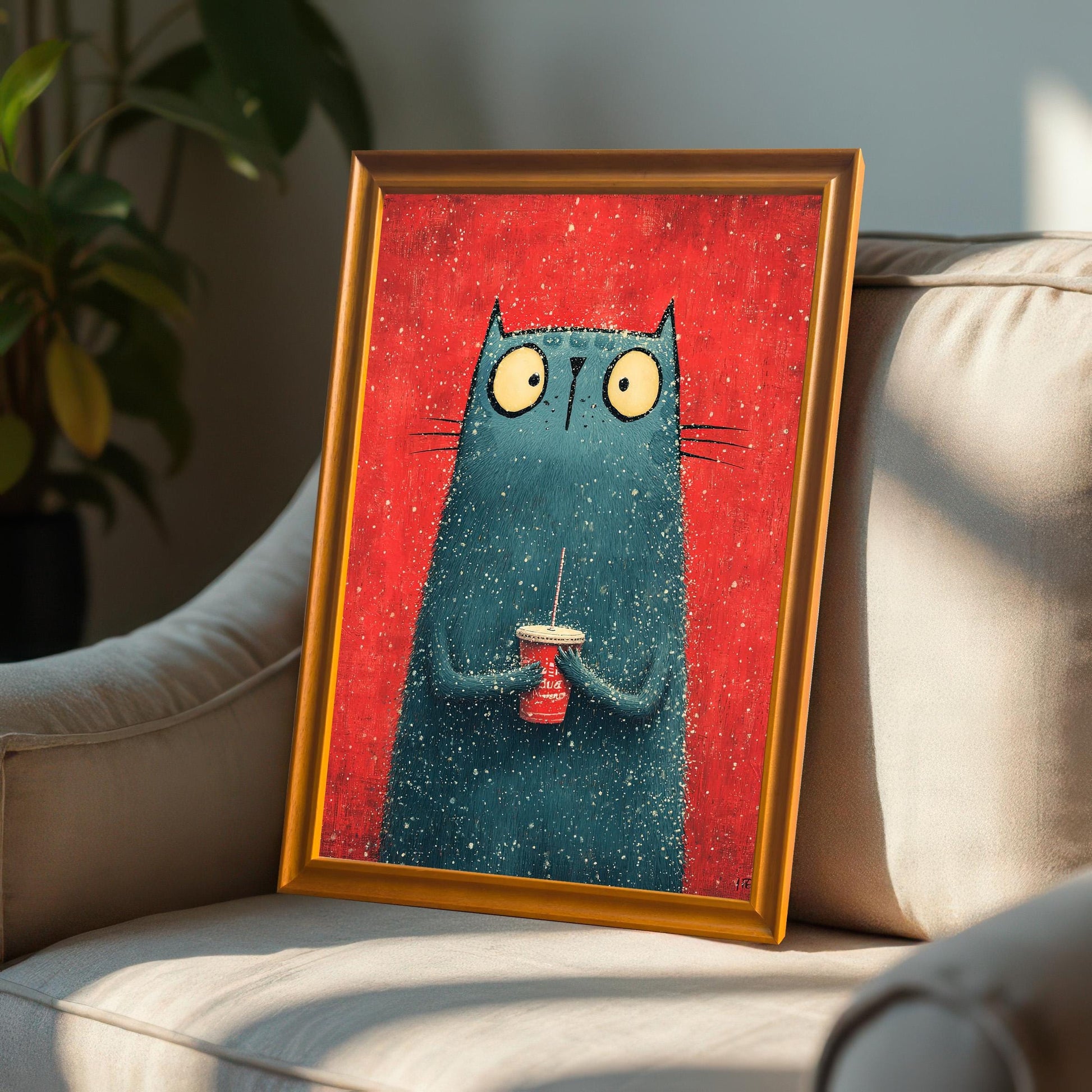 A framed print with an Orange Frame leaning back against a beige armchair. Sunlight streams from the side, illuminating the scene.