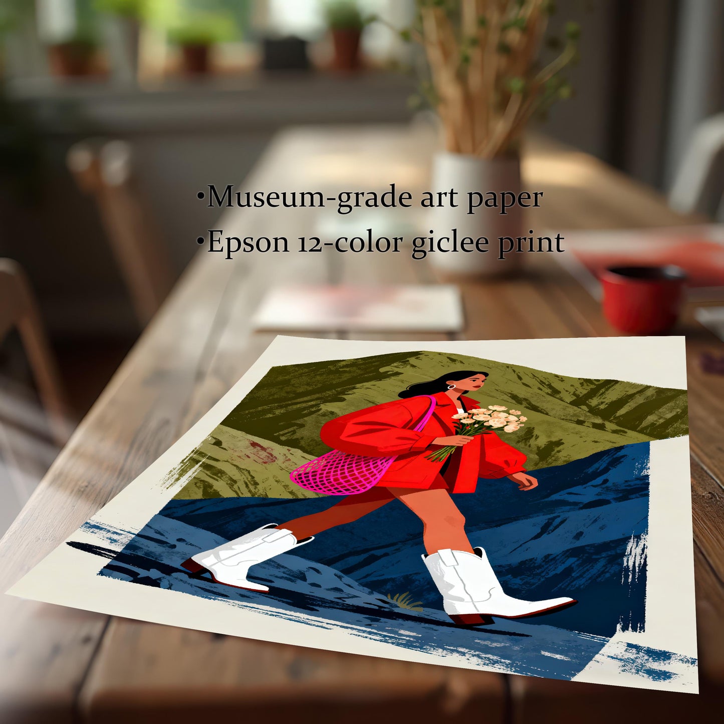 A close-up of the unframed print with a woman in a red jacket and white cowboy boots, lying diagonally on a wooden table. Text overlay highlights the print quality: Museum-grade art paper and Epson 12-color giclee print.
