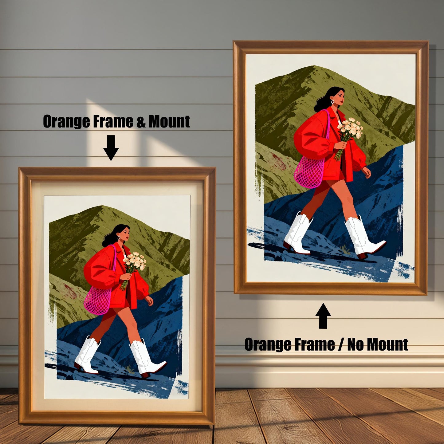 A split image showing the hiking woman print. On the left, the print is displayed in an Orange Frame & Mount (with a light border around the print). On the right, the print is shown in an Orange Frame / No Mount.