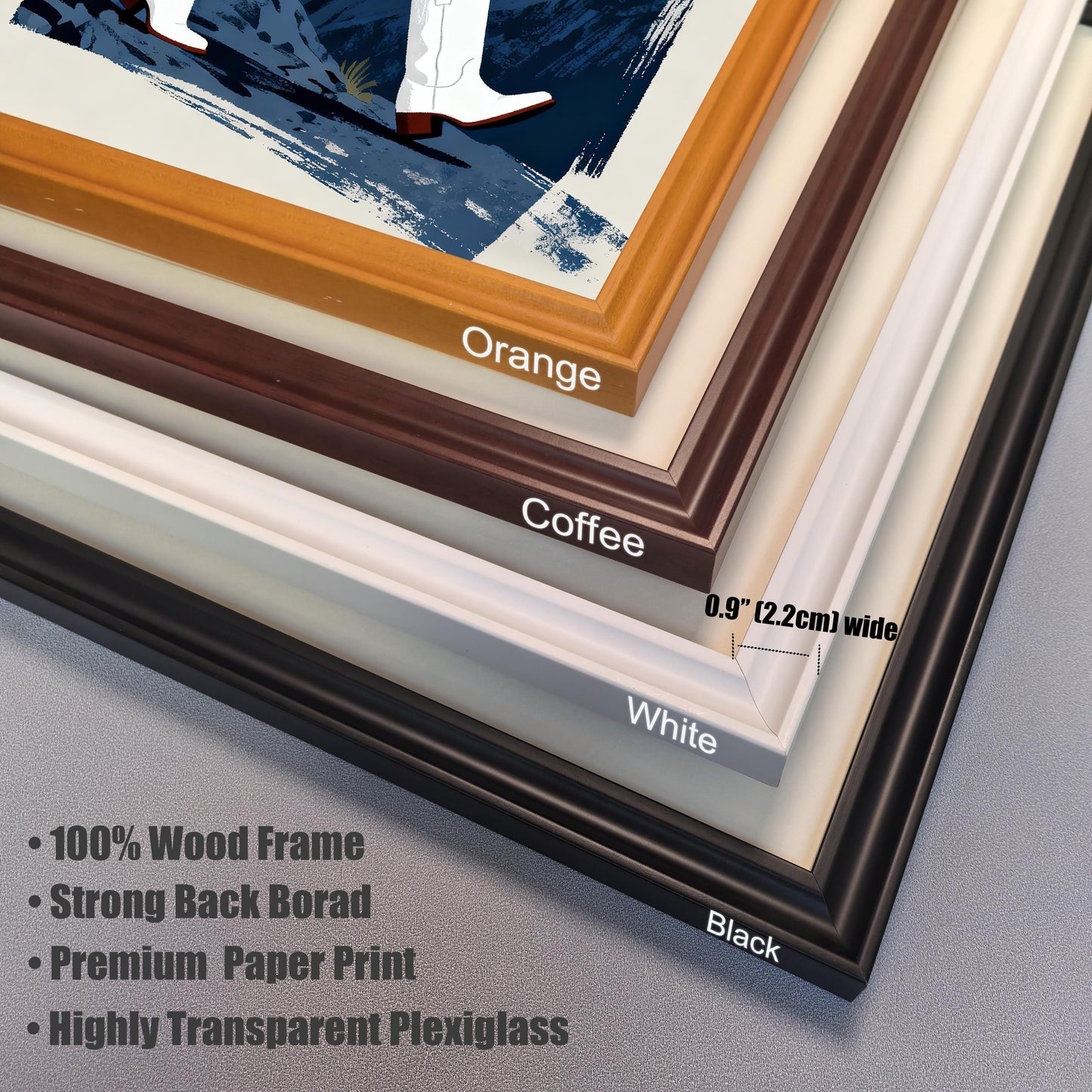 A close-up, stacked view of four frame corners showing the color and material: Orange, Coffee (brown), White, and Black. Text states the frames are 0.9" (2.2cm) wide and lists features: 100% Wood Frame, Strong Back Board, Premium Paper Print, and Highly Transparent Plexiglass.
