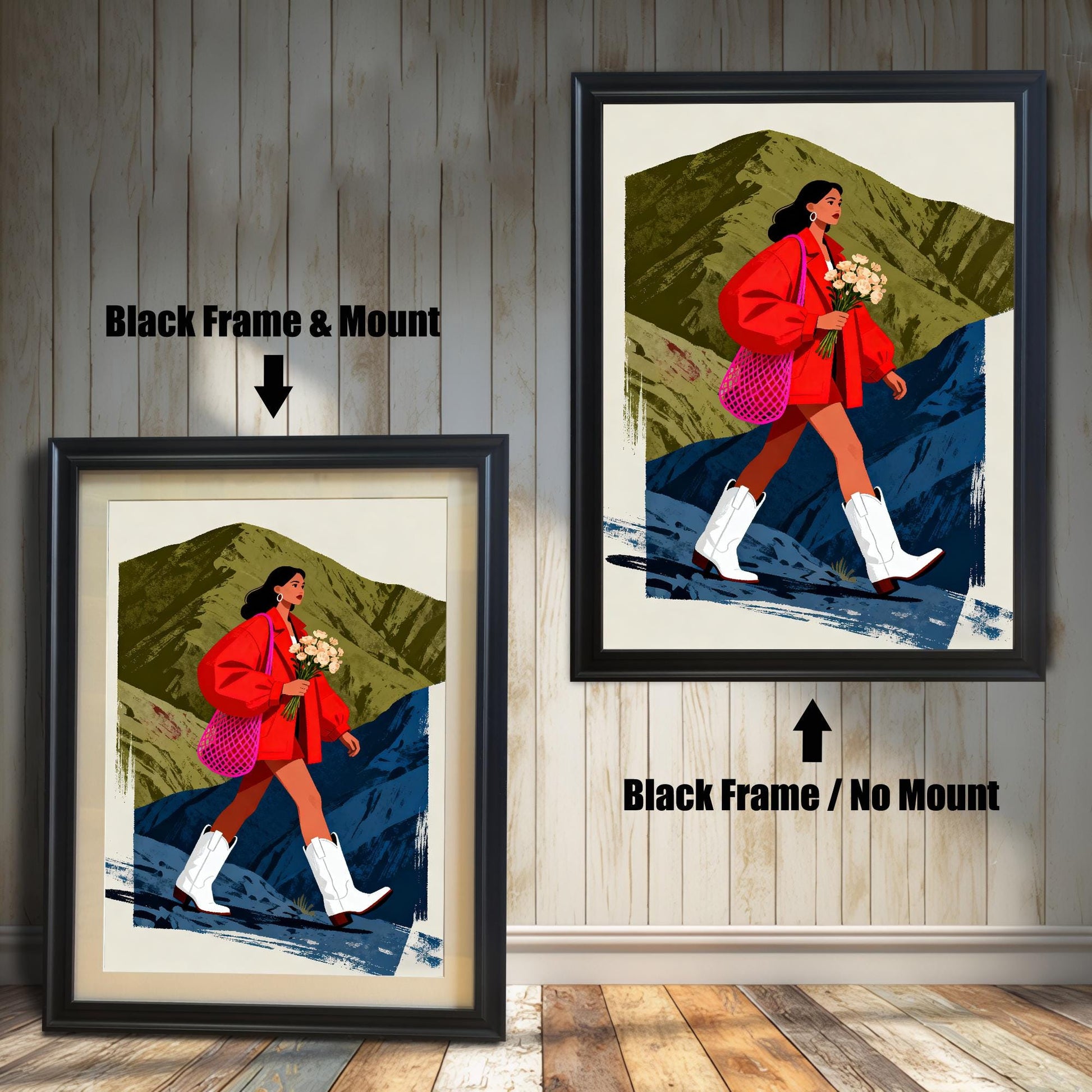 A split image showing the hiking woman print. On the left, the print is displayed in a Black Frame & Mount (with a light border around the print). On the right, the print is shown in a Black Frame / No Mount.