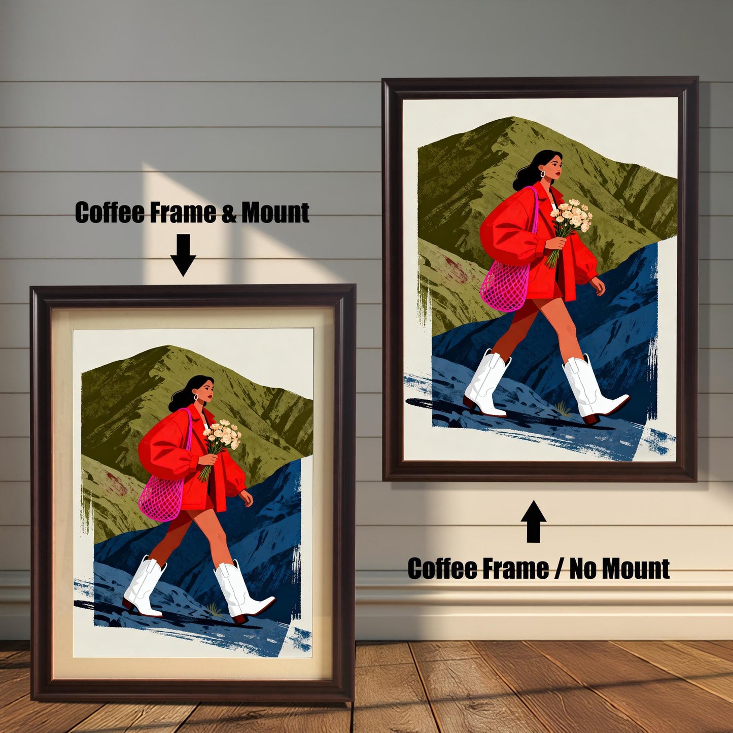 A split image showing the hiking woman print. On the left, the print is displayed in a Coffee Frame & Mount (a dark brown frame with a light border around the print). On the right, the print is shown in a Coffee Frame / No Mount.