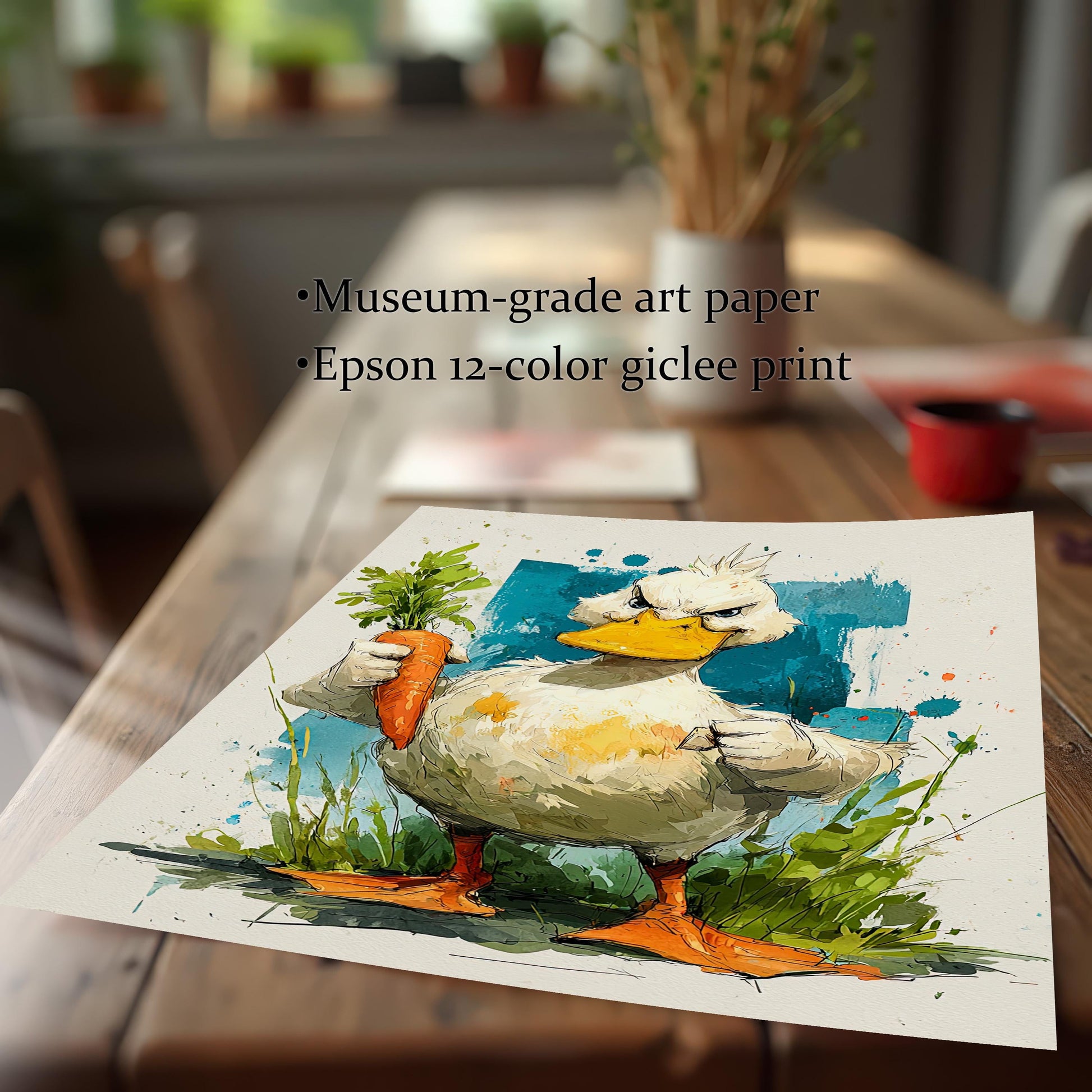 A close-up of the art print of the angry duck with a carrot lying on a wooden table. Text highlights print quality: Museum-grade art paper and Epson 12-color giclee print.