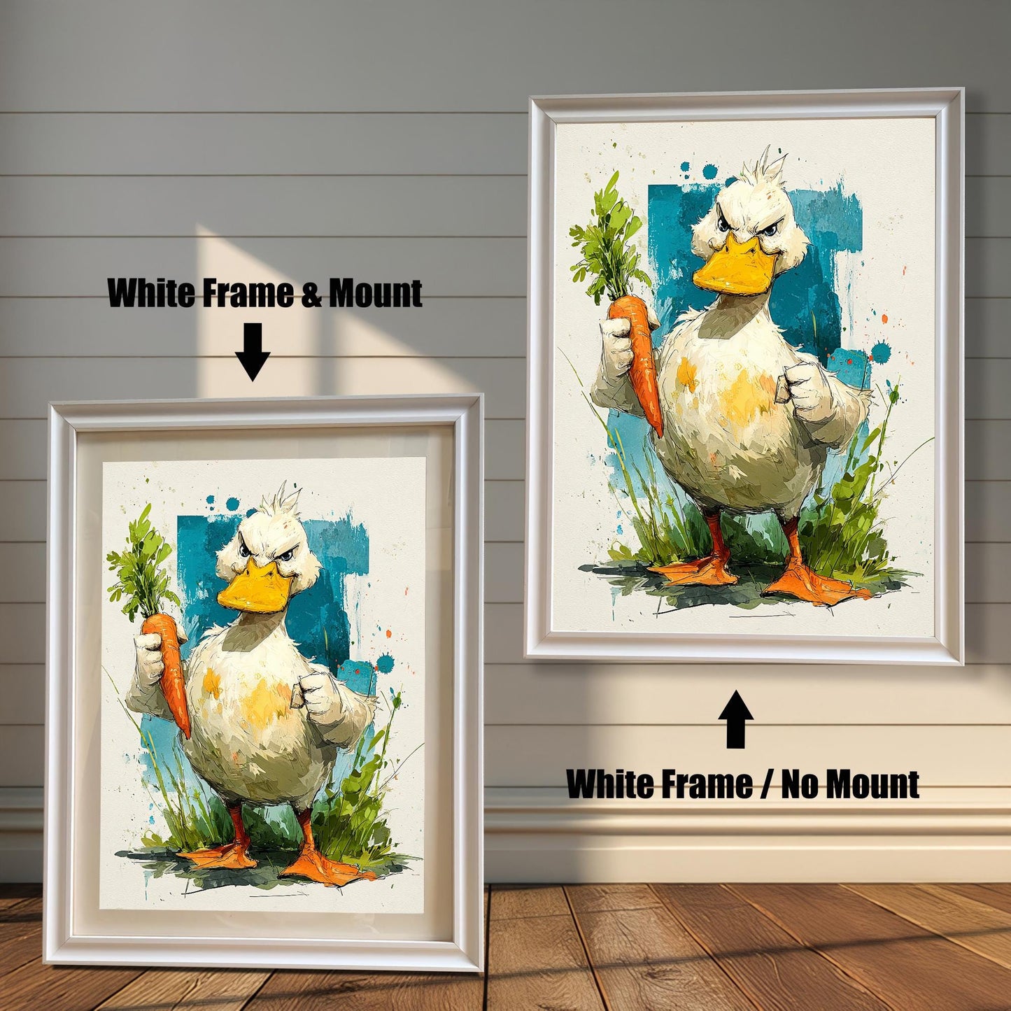 The art print of the angry duck with a carrot, shown in a White frame, one with a mount and one without a mount, against a white shiplap wall.