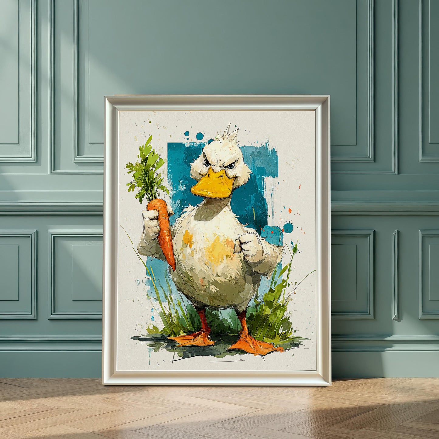 The art print of the angry duck with a carrot leaning against a teal wainscoting wall, framed in a simple, light silver or pale white frame.