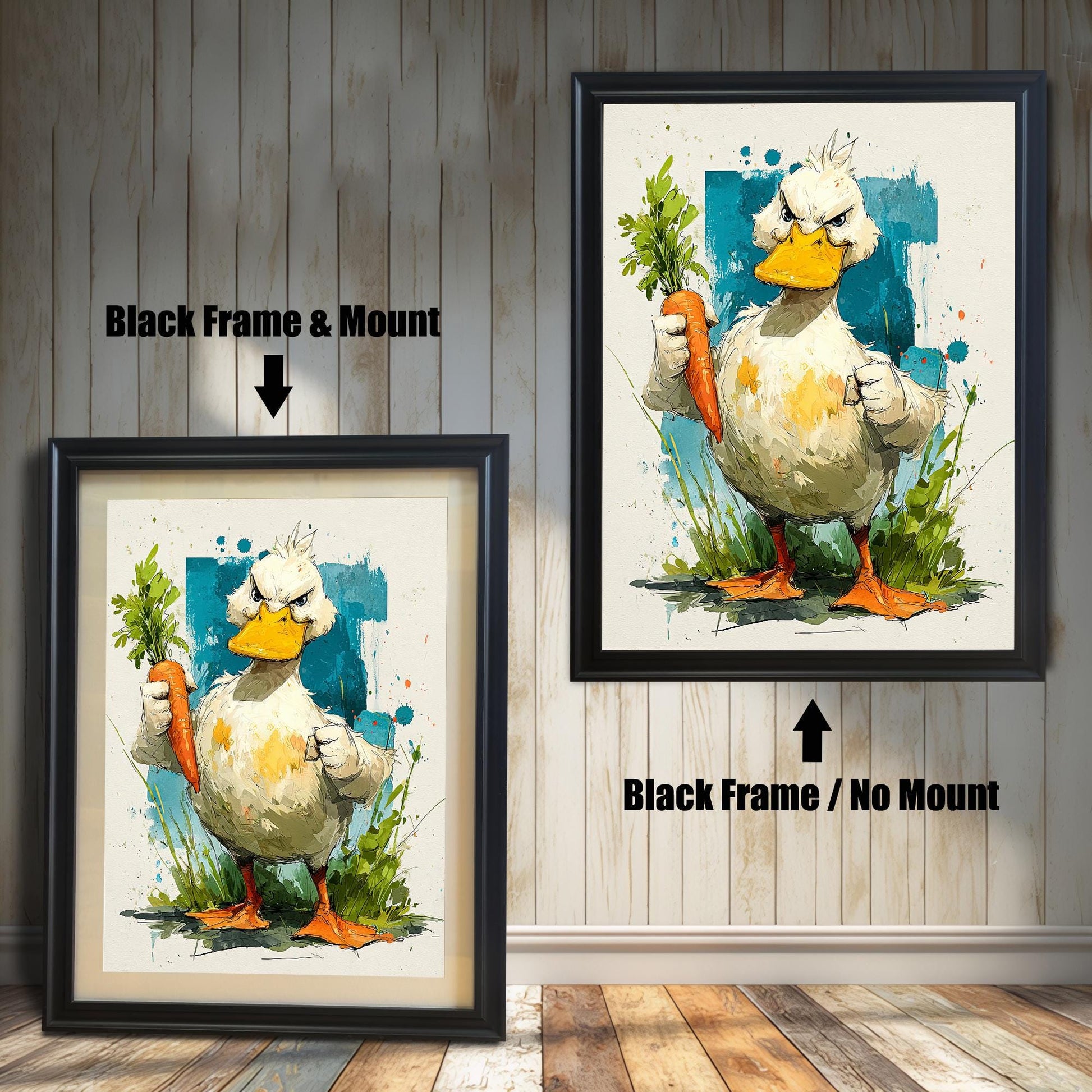 The art print of the angry duck with a carrot, shown in a Black frame, one with a mount and one without a mount, against a white shiplap wall.