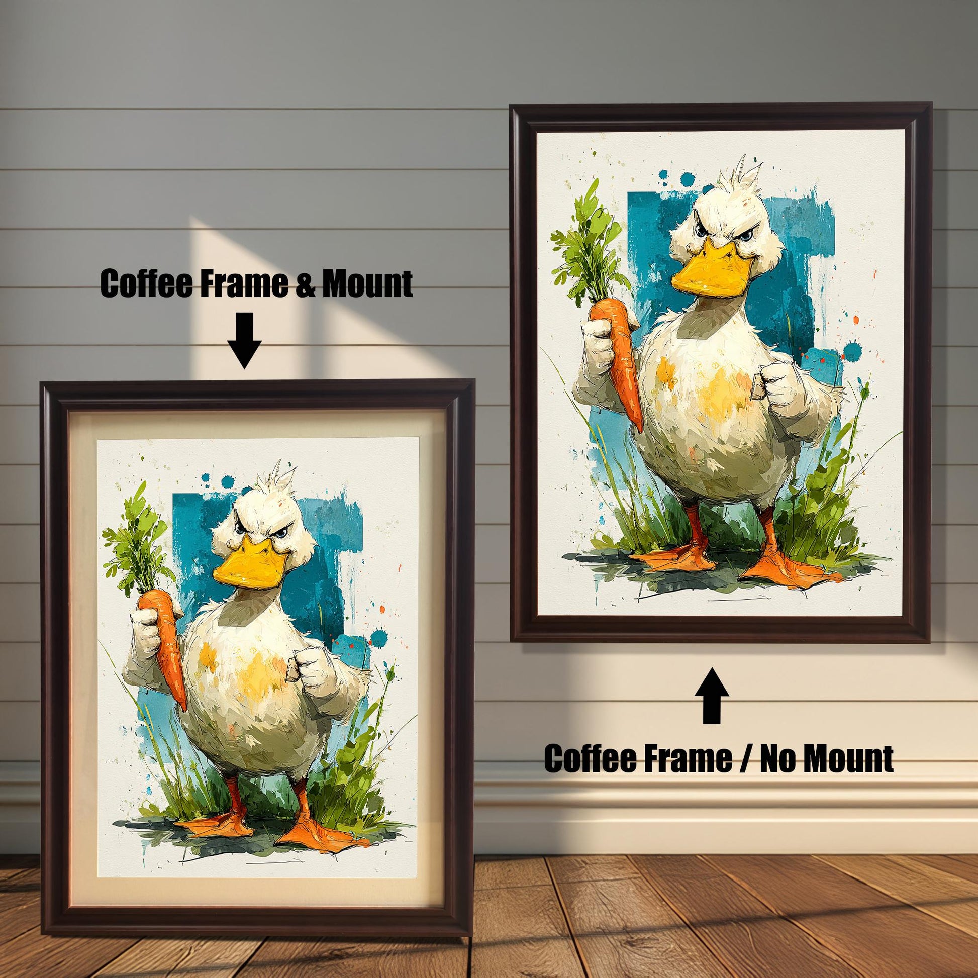 The art print of the angry duck with a carrot, shown in a dark brown or "Coffee" frame, one with a mount and one without a mount, against a white shiplap wall.