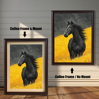 Two versions of the horse art: a **Coffee Frame & Mount** (with border/mat) on the left, and a **Coffee Frame / No Mount** on the right, shown against a paneled wall.