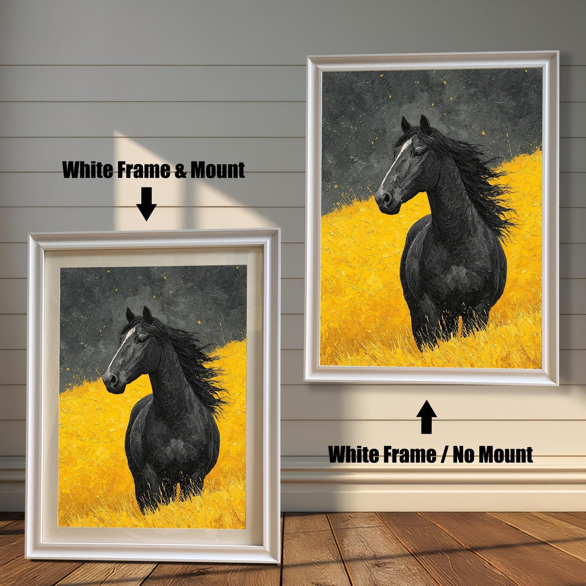Two versions of the horse art: a **White Frame & Mount** (with border/mat) on the left, and a **White Frame / No Mount** on the right, shown against a paneled wall.