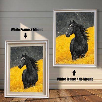 Two versions of the horse art: a **White Frame & Mount** (with border/mat) on the left, and a **White Frame / No Mount** on the right, shown against a paneled wall.