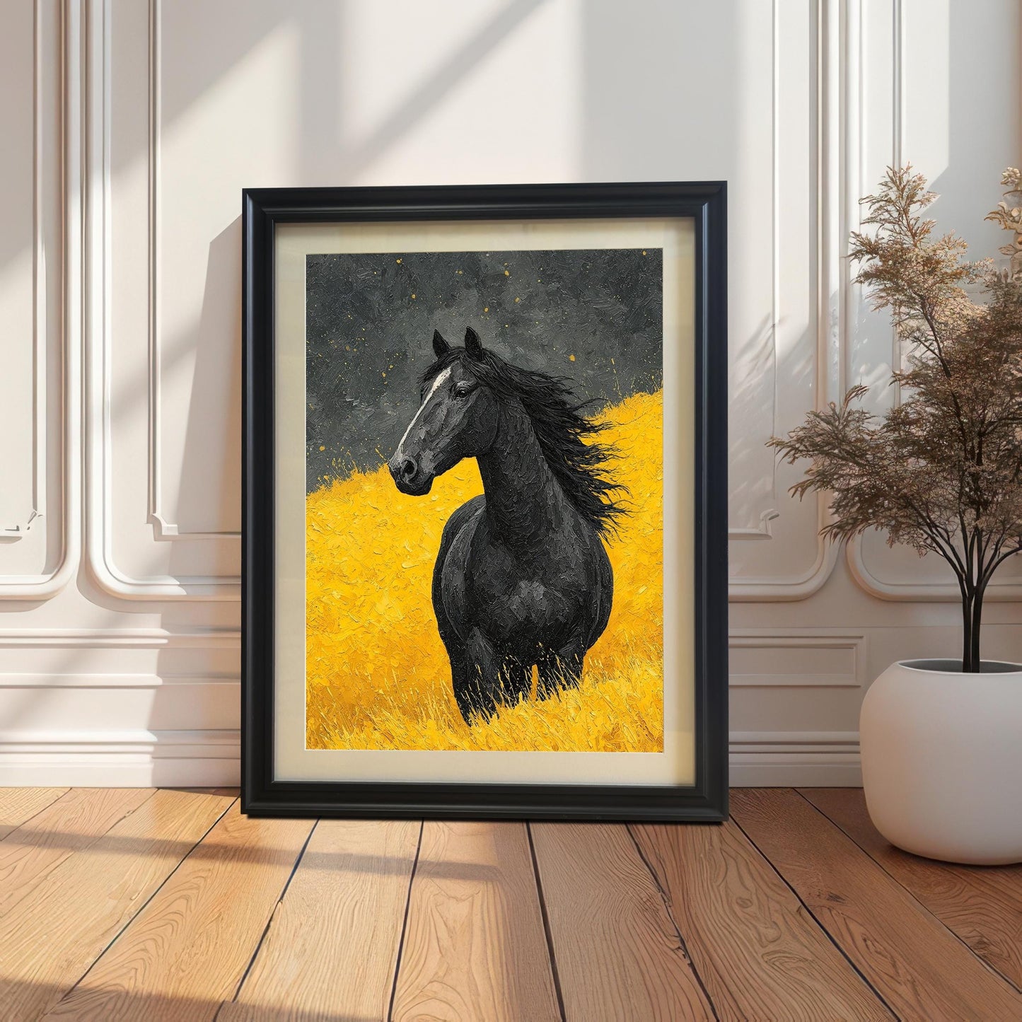A black-framed painting of a black horse in a yellow field, leaning against a white paneled wall and casting a shadow on a wooden floor.