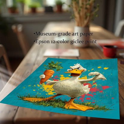 Close-up of an unframed art print of a muscular duck holding a carrot. Text highlights **Museum-grade art paper** and **Epson 12-color giclee print**.