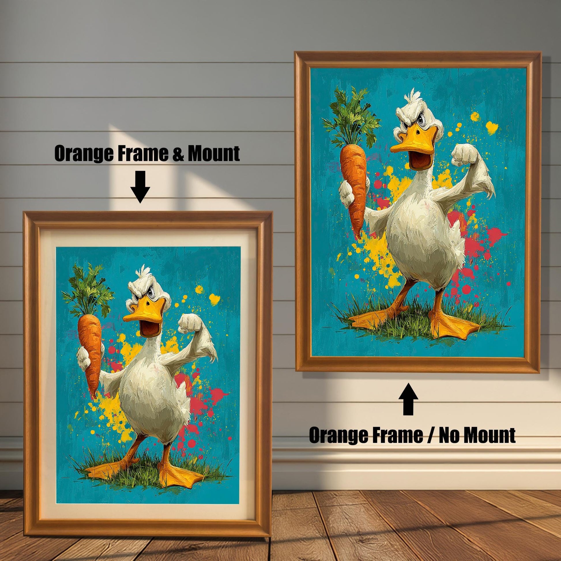 Two versions of the duck art: an **Orange Frame & Mount** (with a border/mat) on the left, and an **Orange Frame / No Mount** on the right, against a paneled wall.