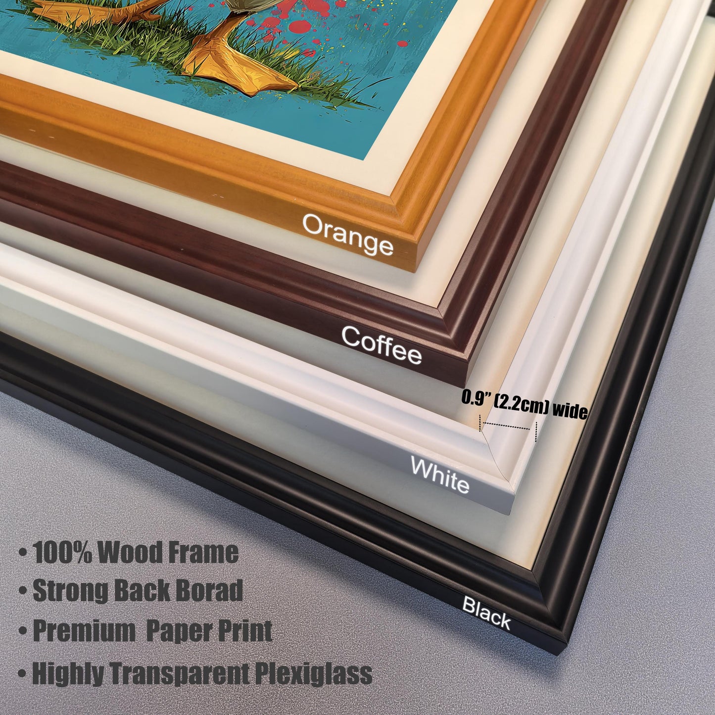 Close-up of four frame corner samples: Orange, Coffee, White, and Black. Text indicates a **0.9" wide** frame, **100% Wood Frame**, **Premium Paper Print**, and **Highly Transparent Plexiglass**.