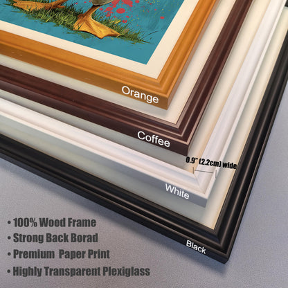 Close-up of four frame corner samples: Orange, Coffee, White, and Black. Text indicates a **0.9" wide** frame, **100% Wood Frame**, **Premium Paper Print**, and **Highly Transparent Plexiglass**.