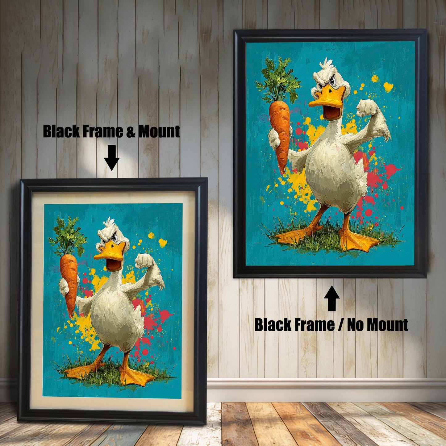 Two versions of the duck art: a **Black Frame & Mount** (with a border/mat) on the left, and a **Black Frame / No Mount** on the right, against a paneled wall.