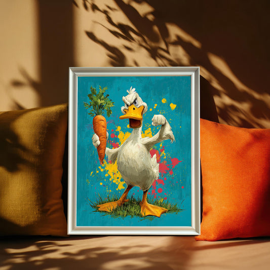 A white-framed painting of a muscular, angry white duck holding a carrot against a teal and splatter-paint background, propped on a couch with yellow and orange pillows.