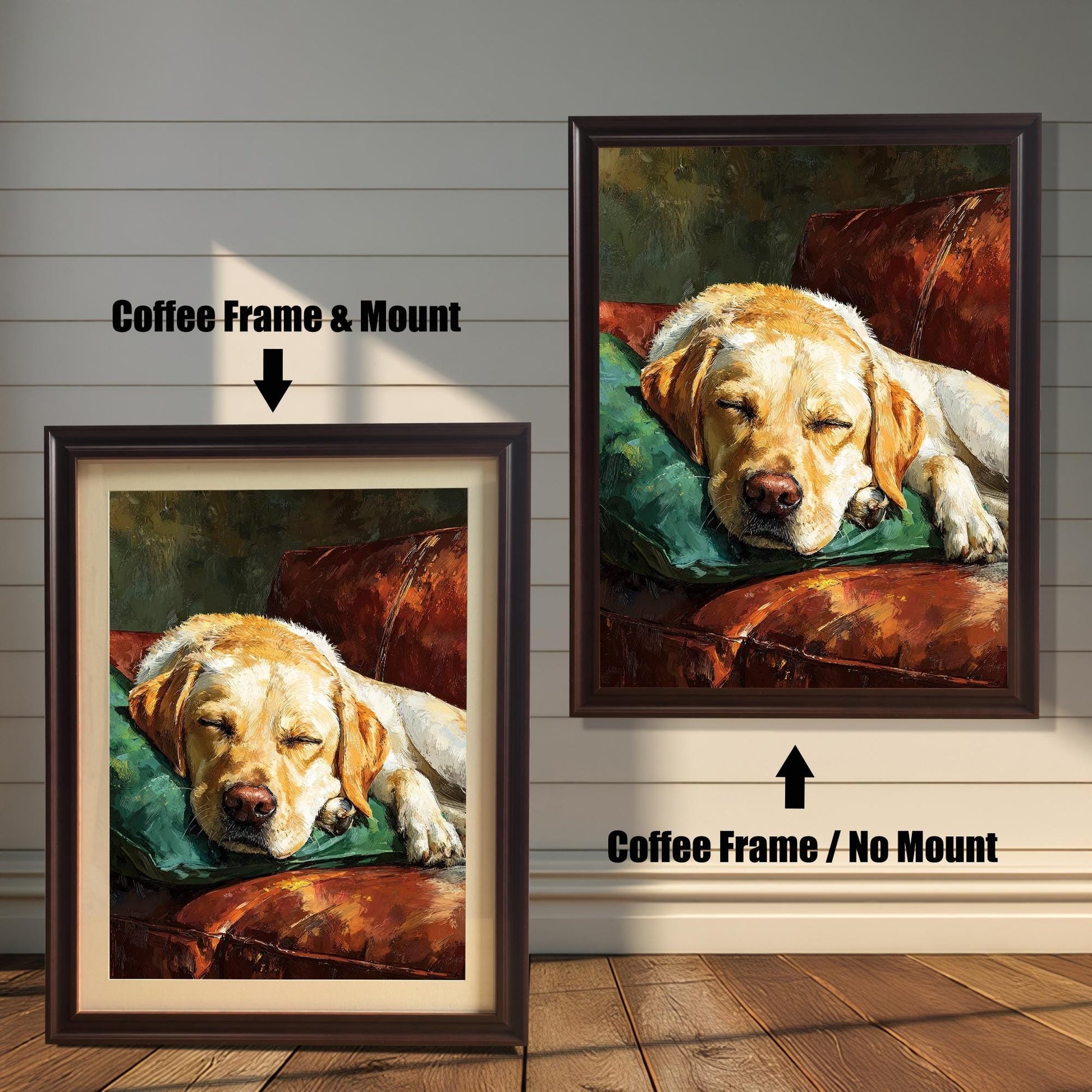 Two versions of the dog art: a **Coffee Frame & Mount** (with a border/mat) on the left, and a **Coffee Frame / No Mount** on the right, against a paneled wall.