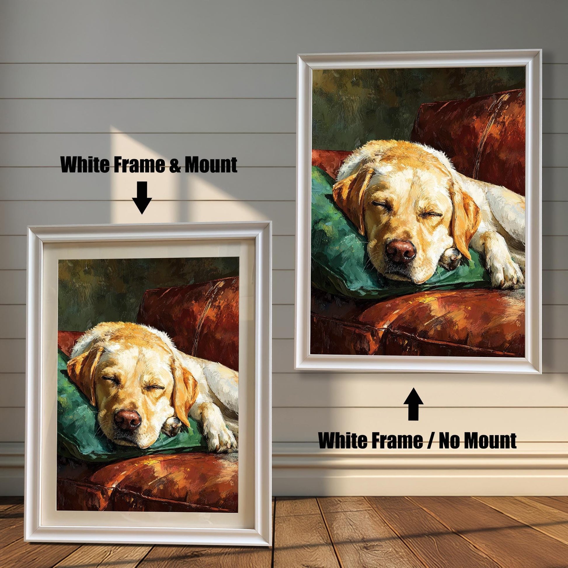 Two versions of the dog art: a **White Frame & Mount** (with a border/mat) on the left, and a **White Frame / No Mount** on the right, against a paneled wall.