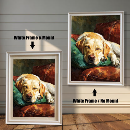 Two versions of the dog art: a **White Frame & Mount** (with a border/mat) on the left, and a **White Frame / No Mount** on the right, against a paneled wall.