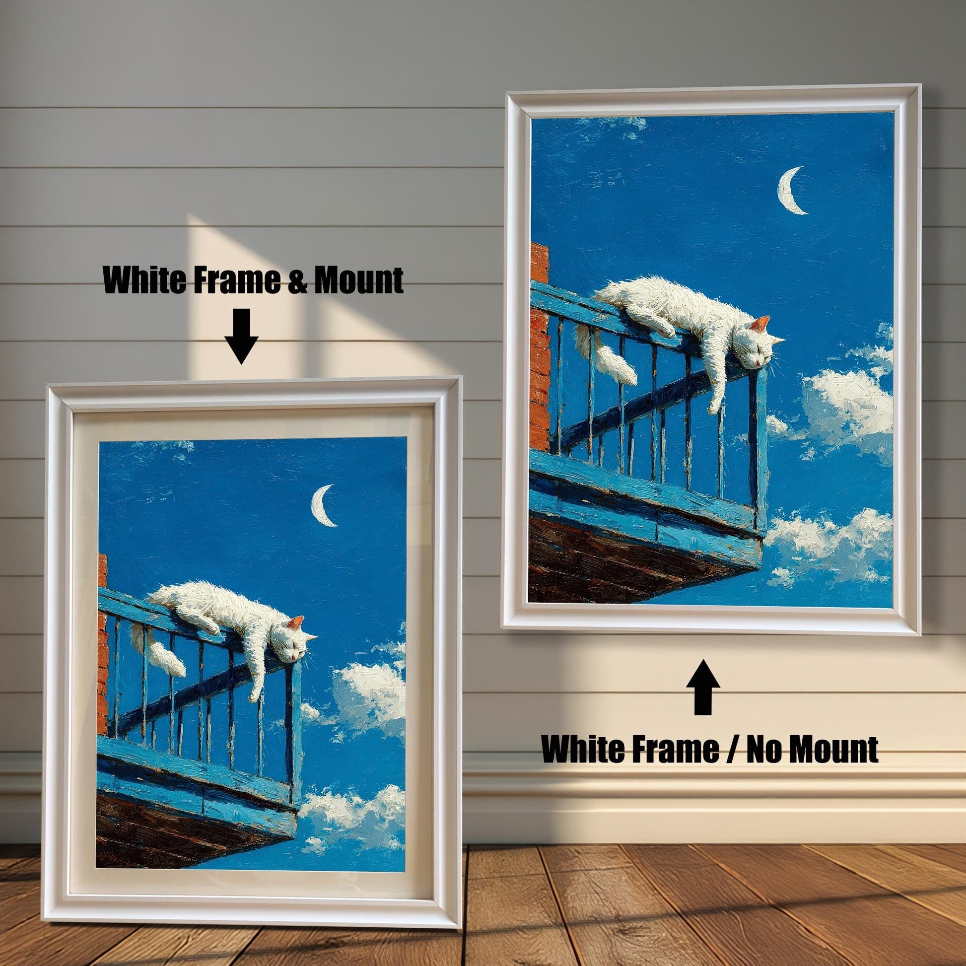 Two versions of the cat art: a **White Frame & Mount** (with a border/mat) on the left, and a **White Frame / No Mount** on the right, against a paneled wall.